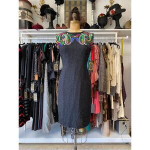 vintage 1980s Stenay beaded silk dress, keyhole back, jewel tone paisley, medium